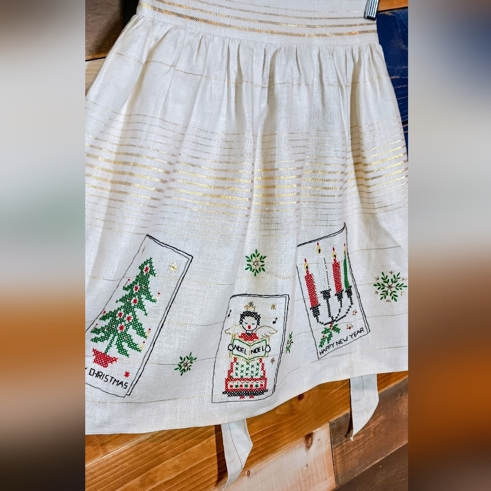 Vintage Holiday Cross Stitch Apron - Picture 2 of 6